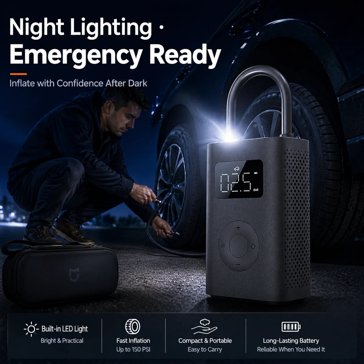Xiaomi Mijia Air Pump 2D, Portable Tire Inflator—Car Bicycle Motorcycle Ball Air Pump, Digital Display, Pressure Settings