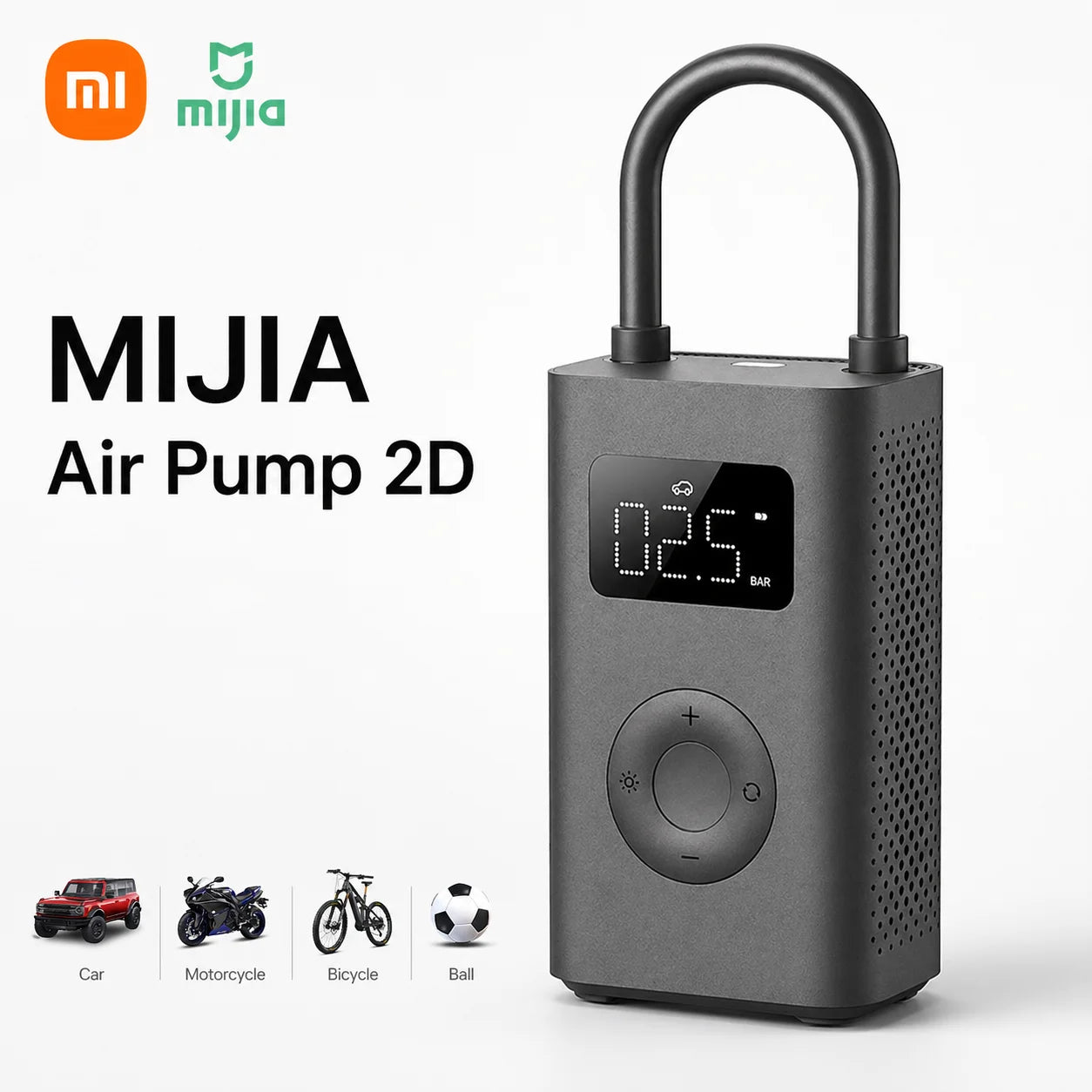 Xiaomi Mijia Air Pump 2D, Portable Tire Inflator—Car Bicycle Motorcycle Ball Air Pump, Digital Display, Pressure Settings