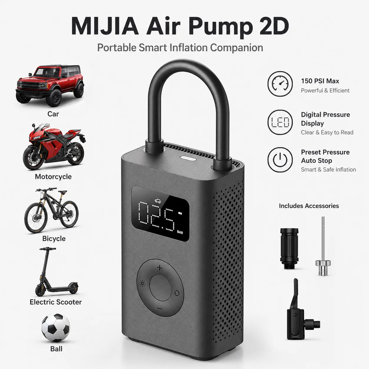 Xiaomi Mijia Air Pump 2D, Portable Tire Inflator—Car Bicycle Motorcycle Ball Air Pump, Digital Display, Pressure Settings