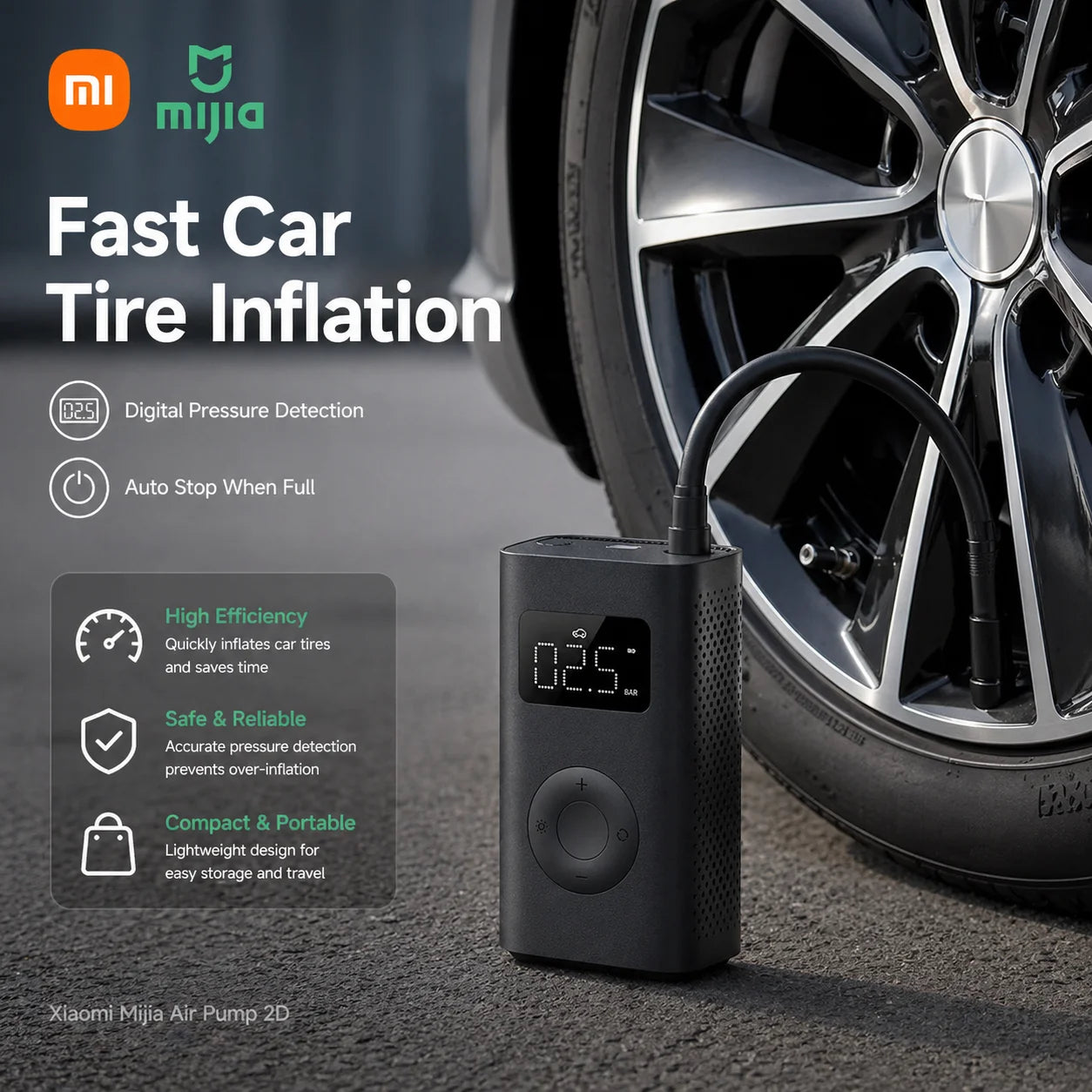 Xiaomi Mijia Air Pump 2D, Portable Tire Inflator—Car Bicycle Motorcycle Ball Air Pump, Digital Display, Pressure Settings