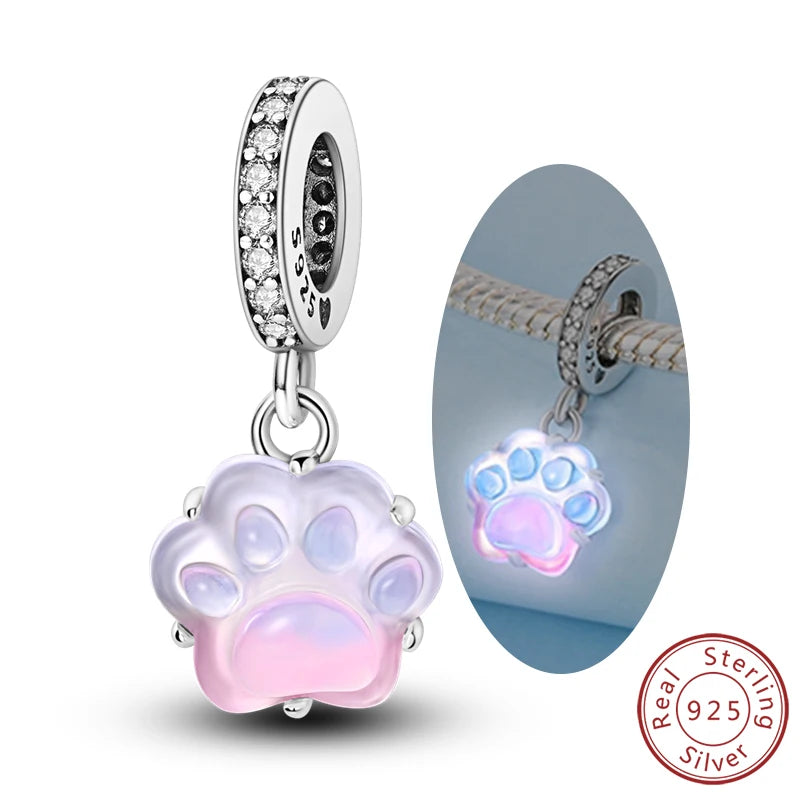 Charms 925 Sterling Silver Dog Cat Paw Print Love Pets Charms Beads Fit Original Bracelets Necklaces Pendant Women DIY Jewelry